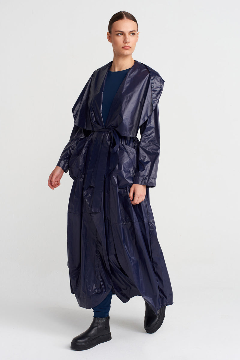 Nu Shiny Fabric Belted Long Coat Blue Night