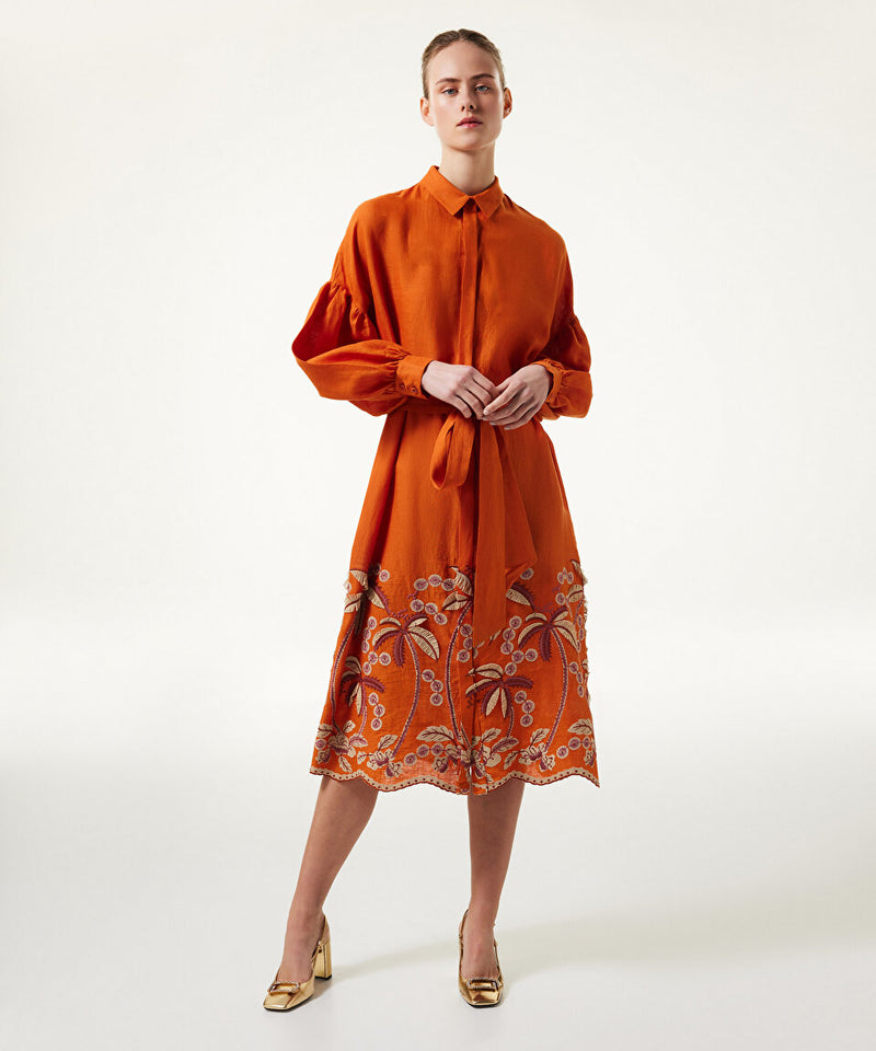 Machka Balloon Sleeve Linen Dress Orange