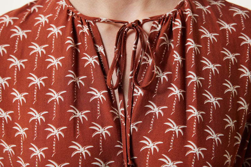 Machka Palm Tree Pattern Linen Blended Dress Brick