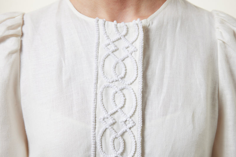 Machka Embroidered Linen Midi Dress Ecru