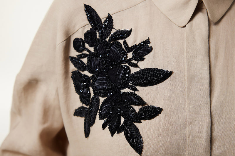 Machka Contrast Embroidered Linen Dress Natural