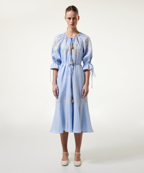 Machka Embroidered Linen Dress Light Blue