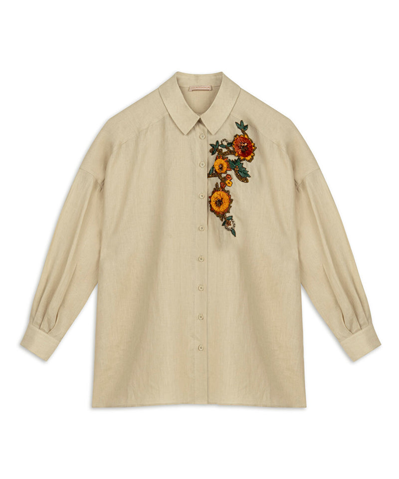 Machka Embroidered Linen Shirt Beige