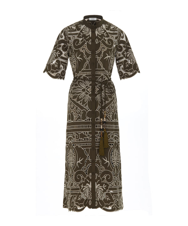 Machka Embroidered Pattern Dress With Belt Khaki