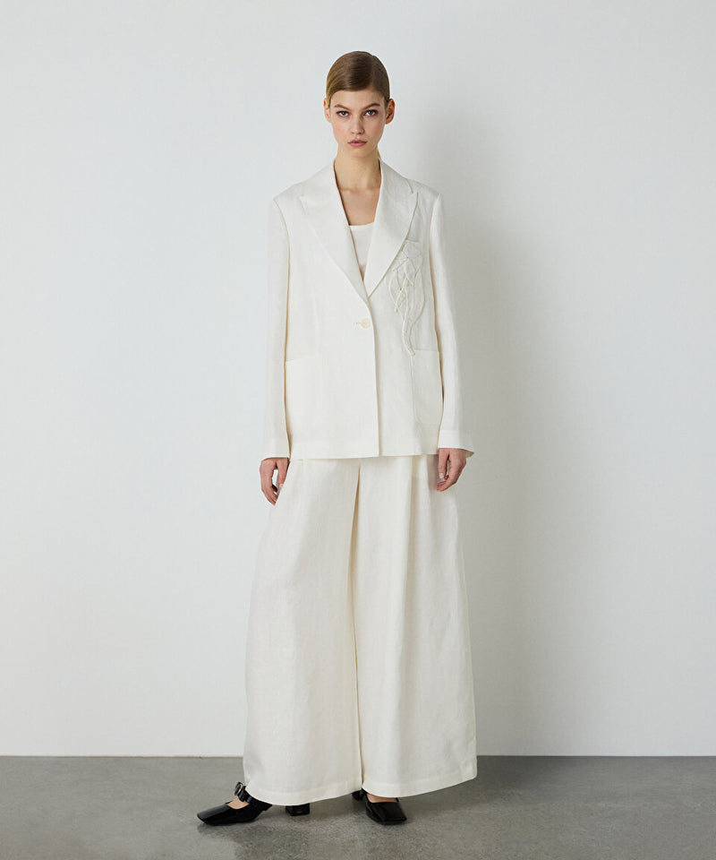 Machka Floral Applique Linen Blazer White