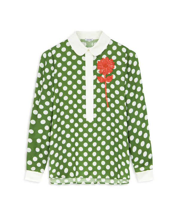 Machka Polka Dot Pattern Blouse With Flower Details Khaki