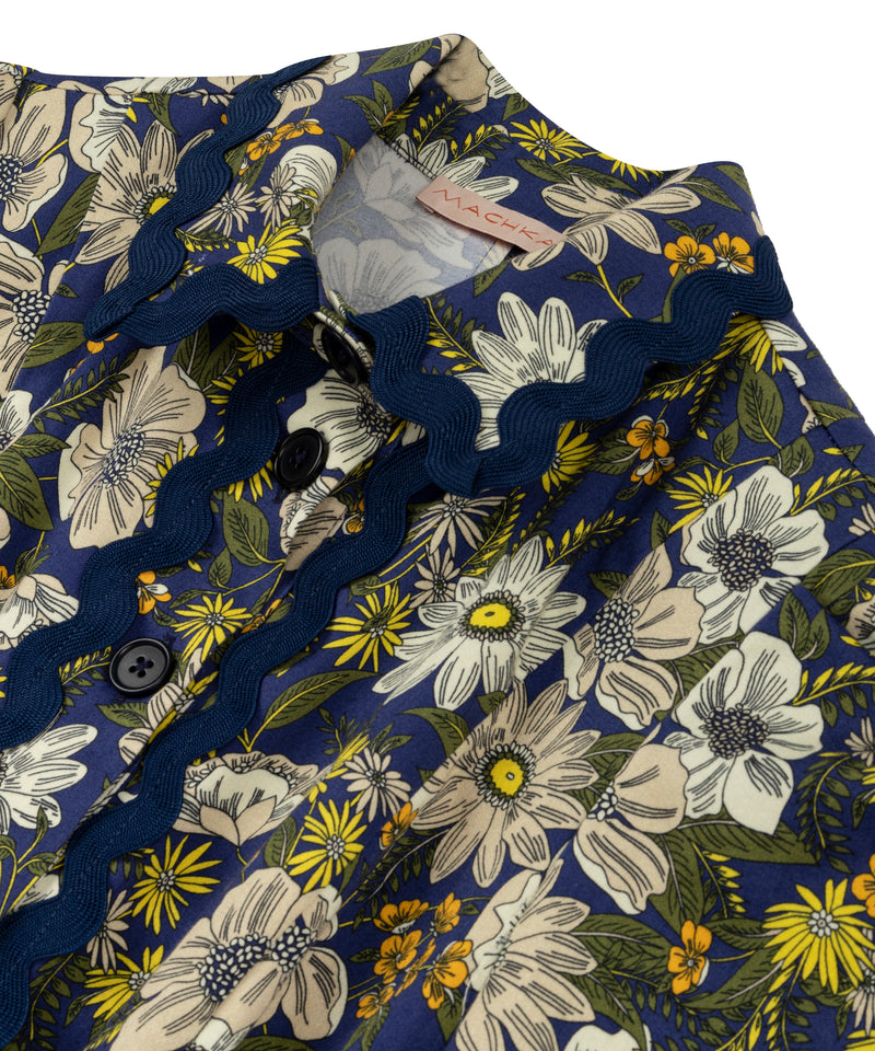 Machka Floral Pattern Belted Shirt Dress Navy Blue