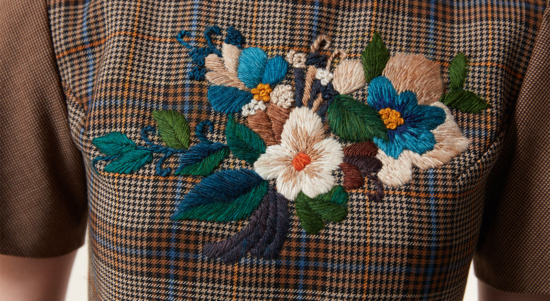 Machka Flower-Embroidered Plaid Pattern Dress Navy Blue