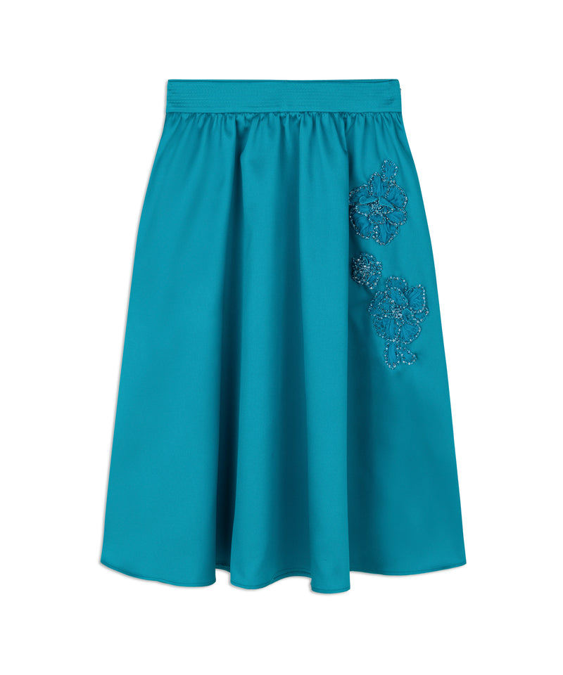 Machka Floral-Embroidered Flounce Skirt Turquse