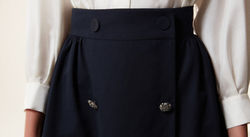 Machka Ornamental Buttons Midi Skirt Navy Blue