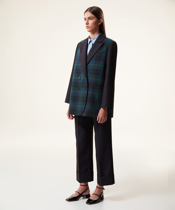 Machka Plaid Pattern Wool-Blend Blazer Navy Blue