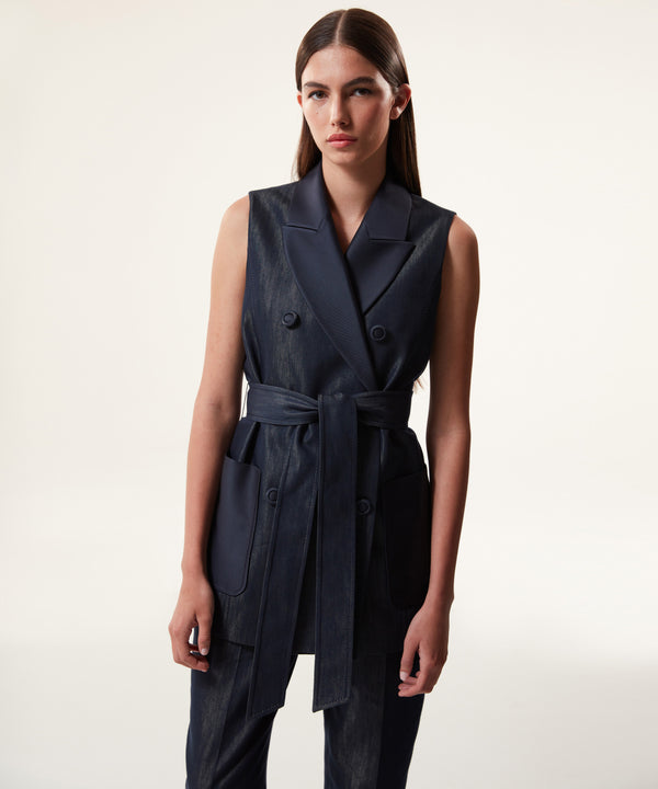 Machka Belted Double-Breasted Vest Navy Blue