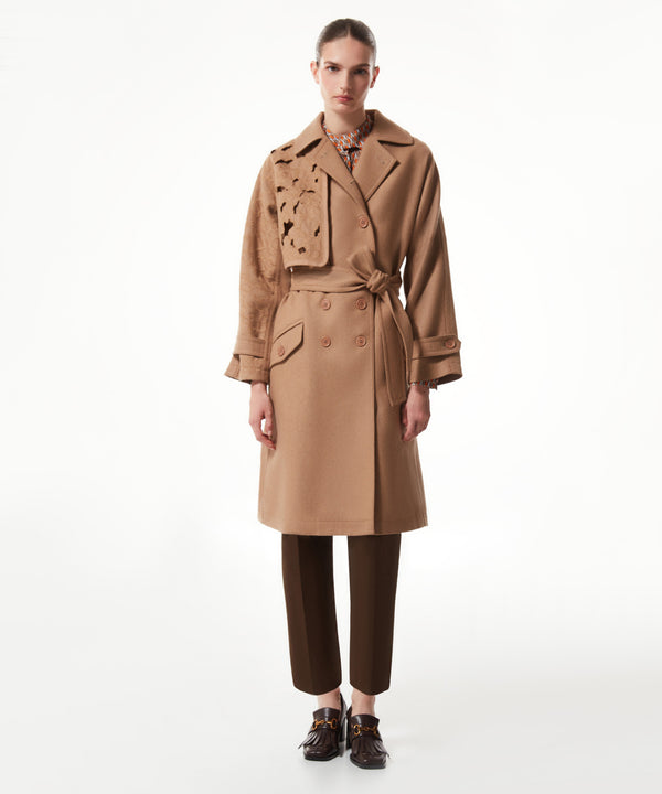 Machka Belted Coat With Embroidery Applique Beige