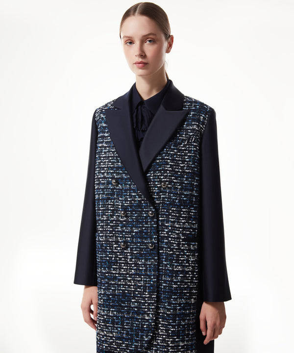 Machka Tweed Textured Coat With Pearl Buttons Navy Blue