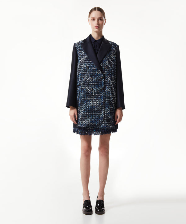 Machka Tweed Textured Coat With Pearl Buttons Navy Blue