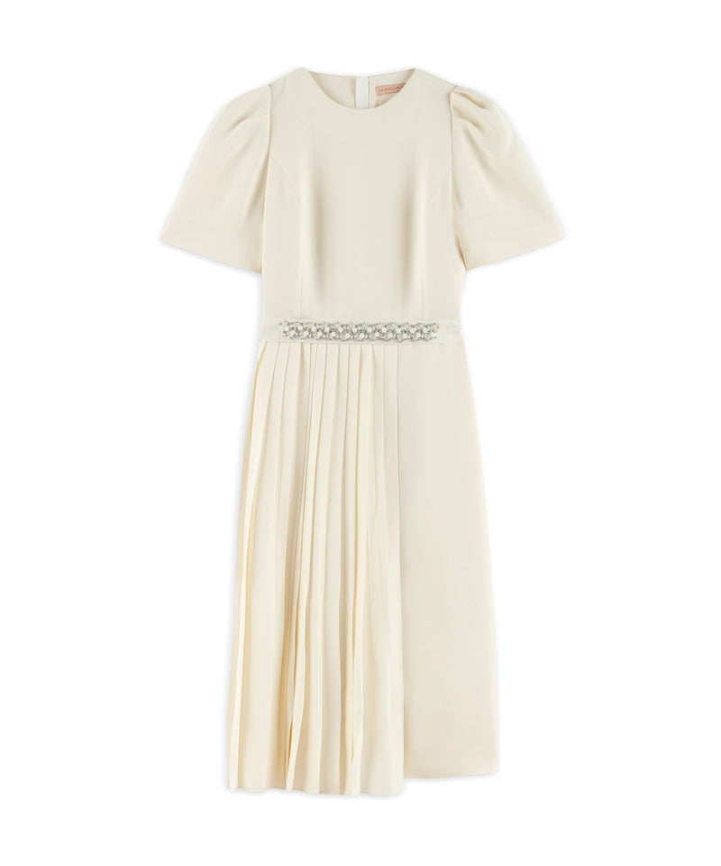 Machka Pleated Mix Crepe Dress Ecru