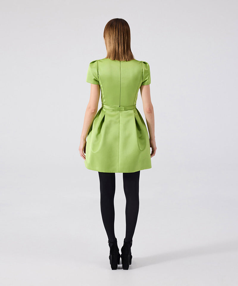 Machka Satin Duchess Dress With Bow Embroidery Pistachio Green