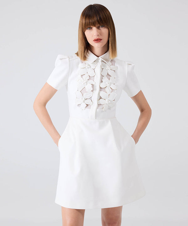 Machka Floral Applique Shirt Collar Dress White