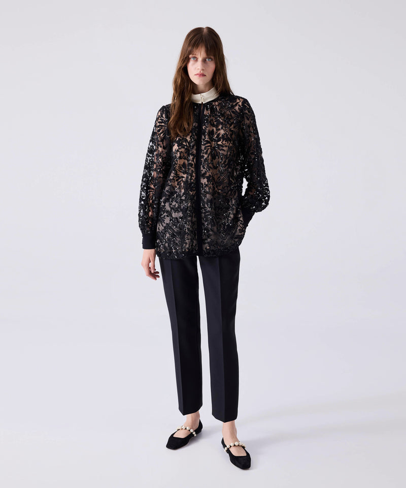 Machka Embroidered Grandad Collar Blouse Black