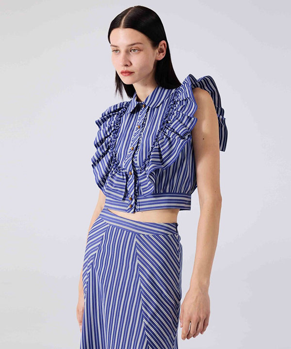 Machka Flounced Striped Pattern Shirt Navy Blue