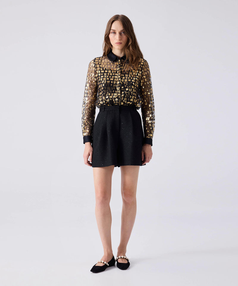 Machka Satin Duchess Garnish Sequined Shirt Black