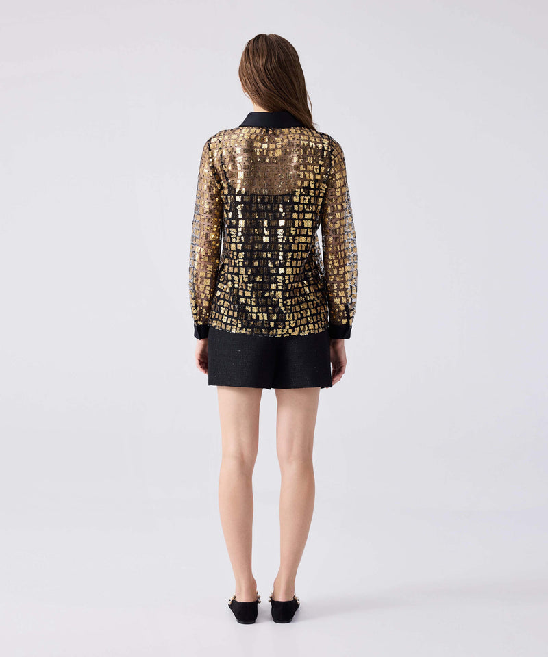 Machka Satin Duchess Garnish Sequined Shirt Black