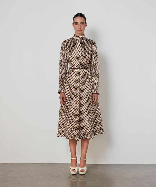 Machka Patterned High-Neck Silk Dress Cinnamon