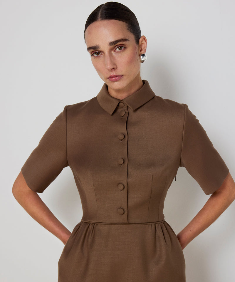 Machka Shirt-Collar Wool Dress Dark Beige