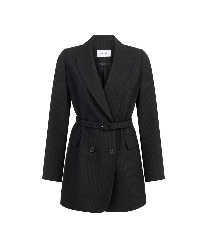 Machka Long Double-Breasted Blazer With Belt Black