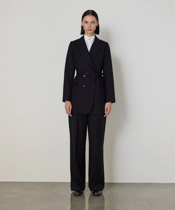 Machka Long Double-Breasted Blazer With Belt Black