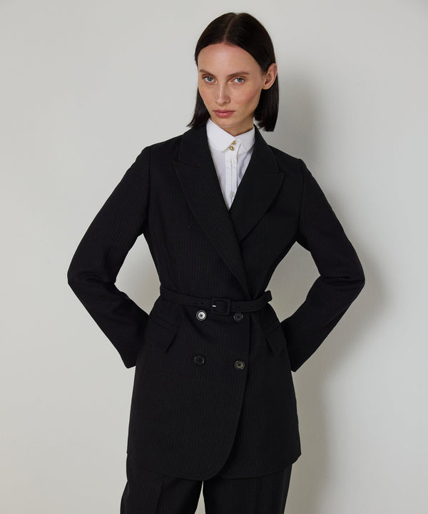 Machka Long Double-Breasted Blazer With Belt Black