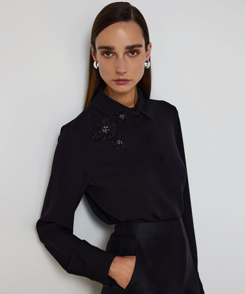 Machka Floral-Appliqué Silk Blouse Black