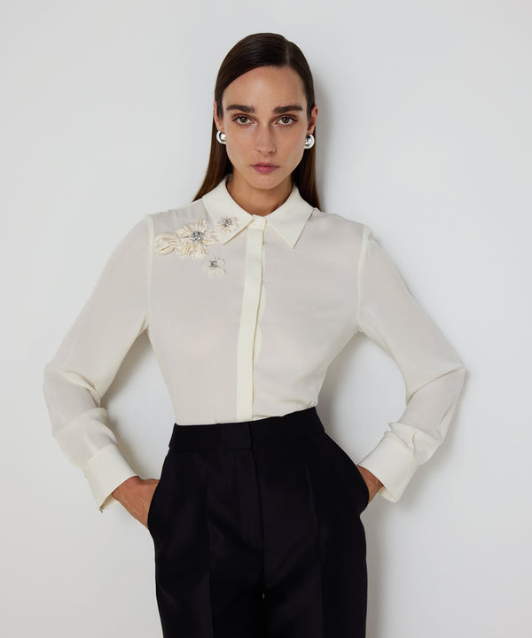Machka Floral-Appliqué Silk Blouse Ecru