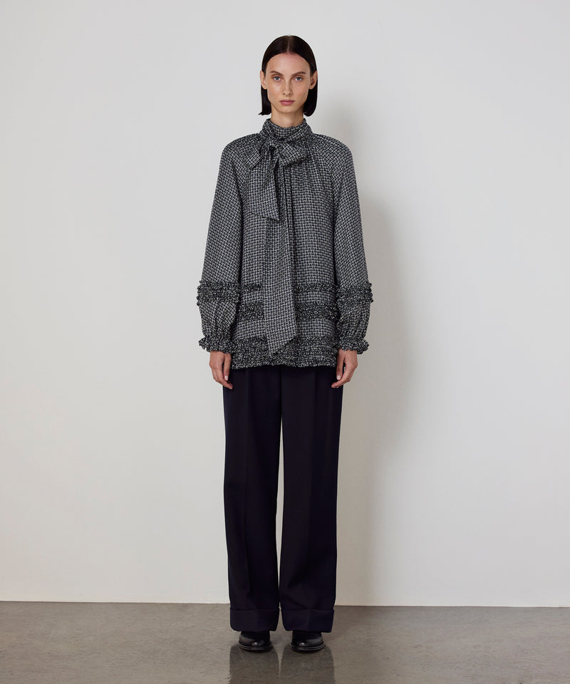 Machka Monogram Print Silk Blouse Navy