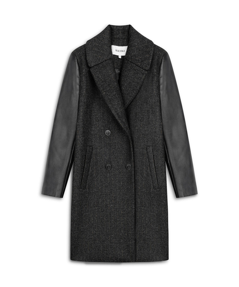Machka Leather-Blend Linear Pattern Coat Anthracite