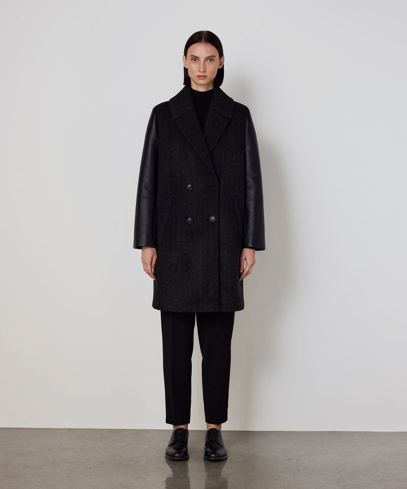 Machka Leather-Blend Linear Pattern Coat Anthracite