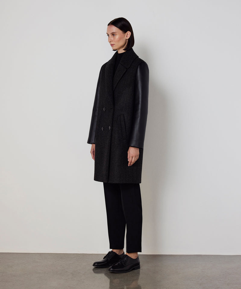 Machka Leather-Blend Linear Pattern Coat Anthracite