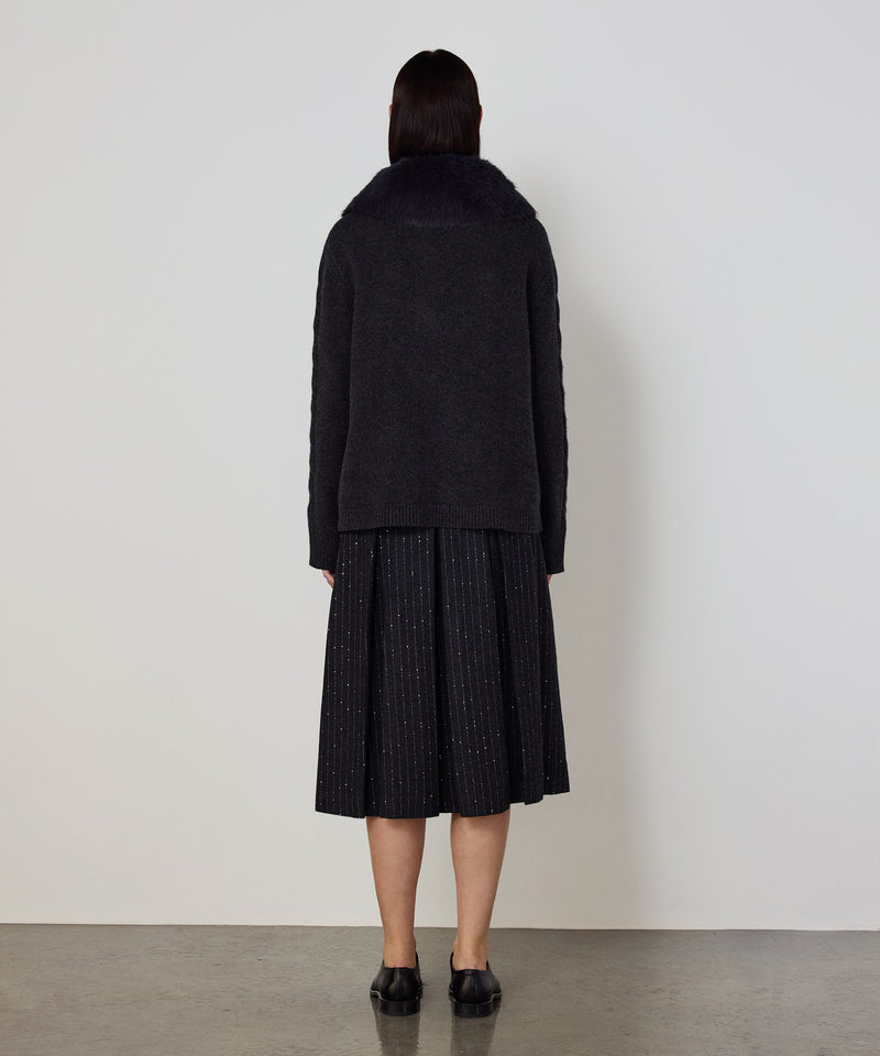 Machka Wool Cardigan With Faux Fur Anthracite - Black