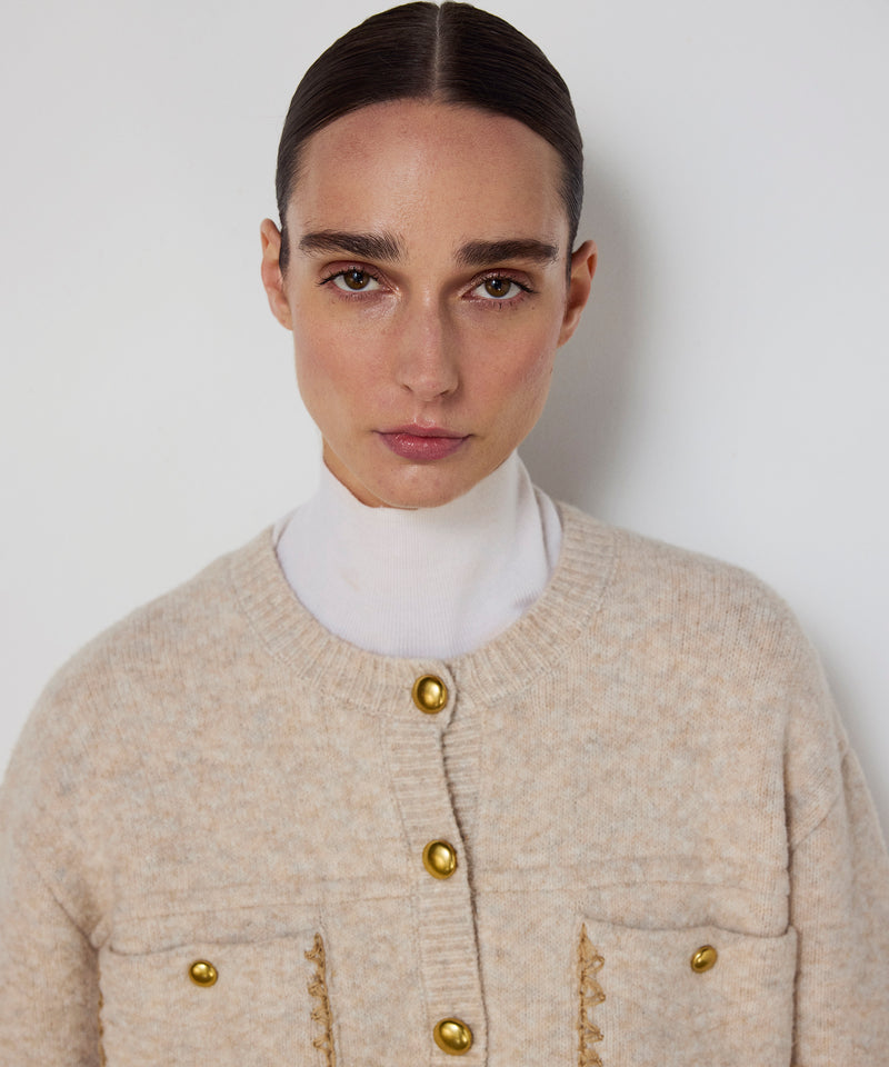 Machka Knit Cardigan With Contrast Embroidery Beige Melange