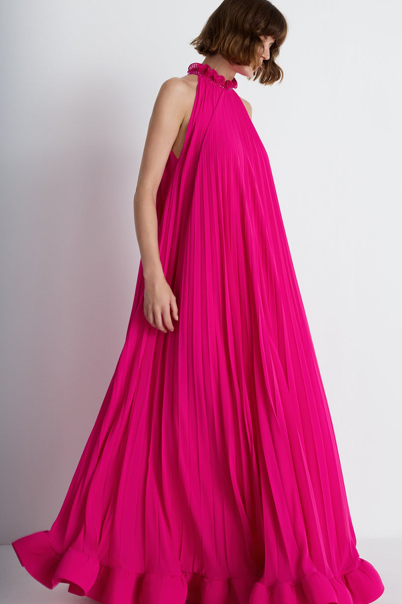 Nean Pleated Halter Neck Gown Fuchsia