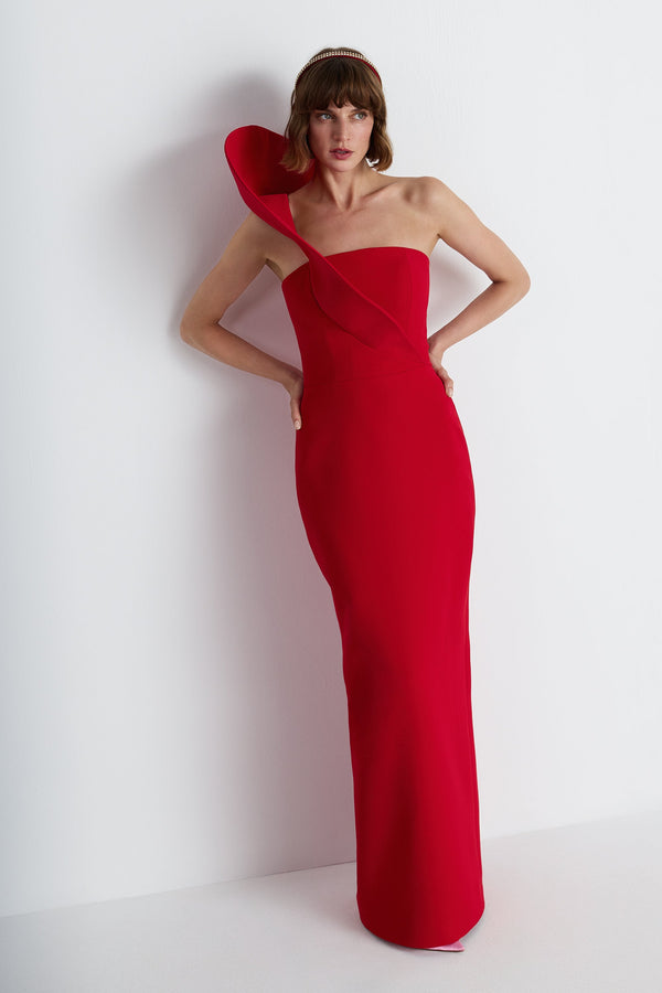 Nean One-Shoulder Sculptural Gown Red