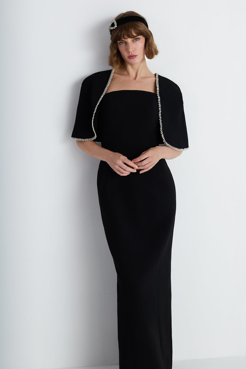 Nean Column Gown With Embellished Cape Detail Black