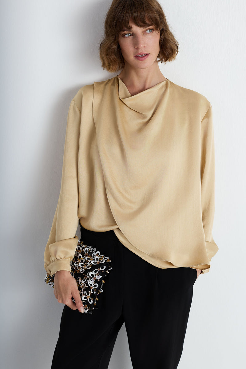 Nean Draped Satin Gold Blouse Sand
