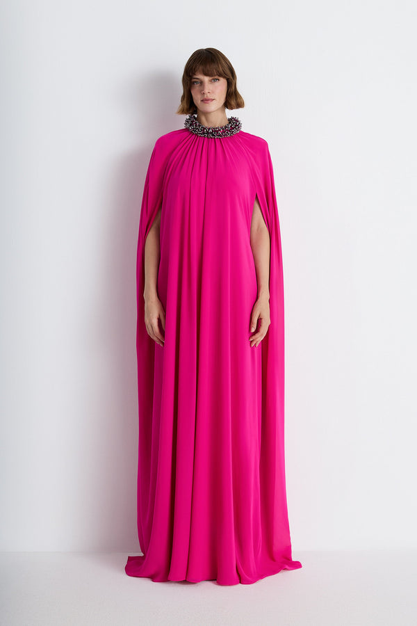 Nean Embellished Neckline Cape Gown Fuchsia