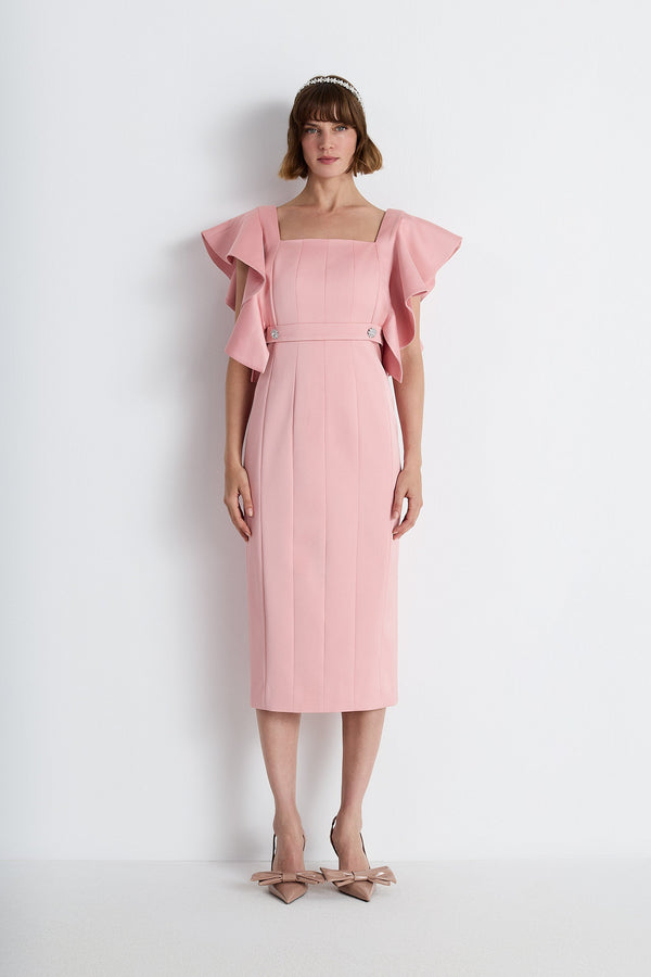 Nean Ruffle-Sleeve Midi Dress Blush