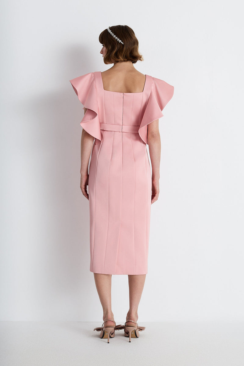 Nean Ruffle-Sleeve Midi Dress Blush