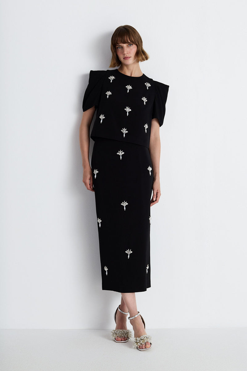 Nean Embellished Puff Sleeve Crop Top Black