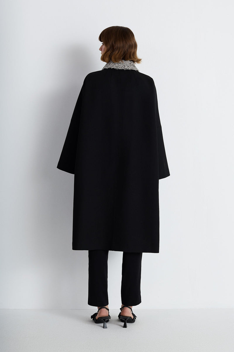 Nean Embellished Collar A-Line Coat Black