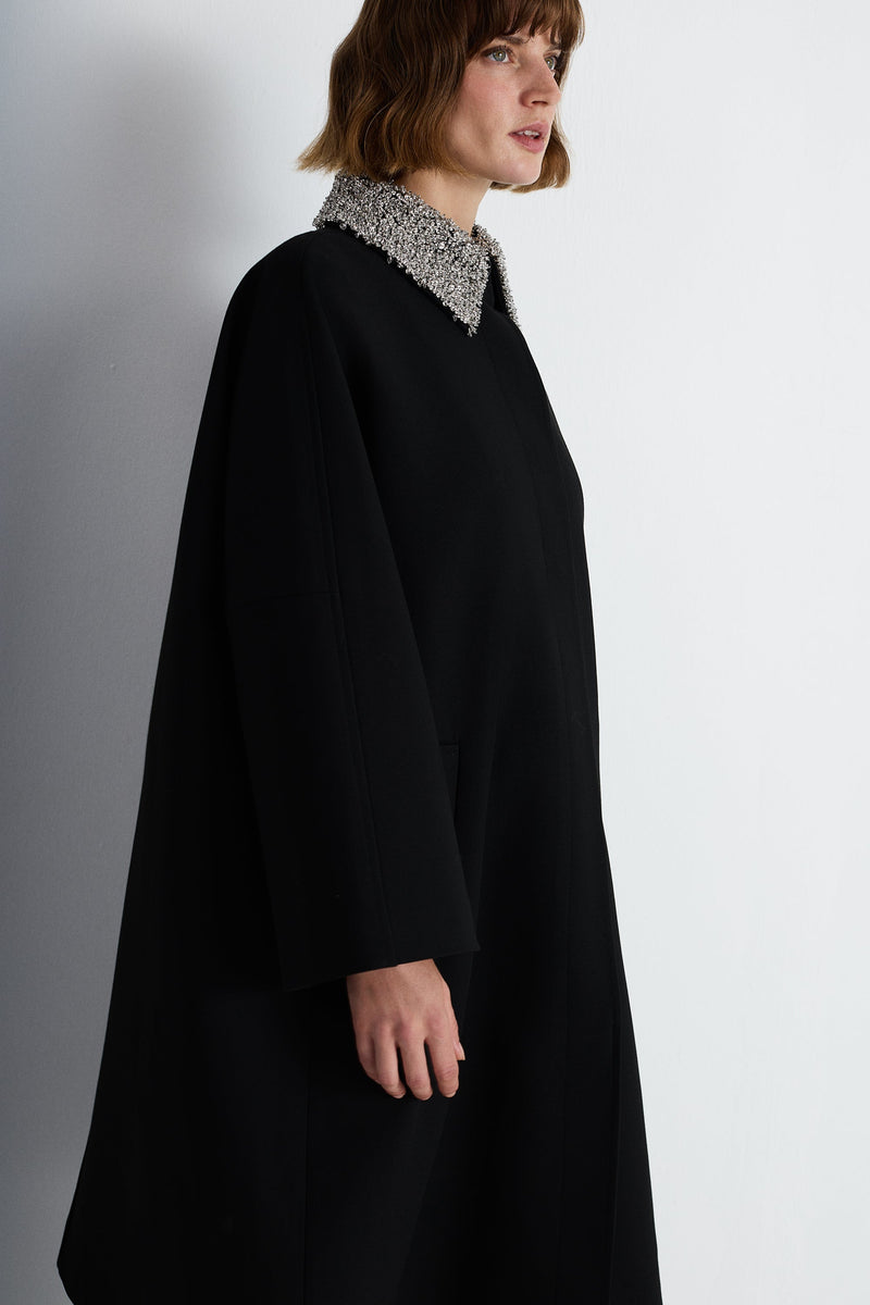 Nean Embellished Collar A-Line Coat Black