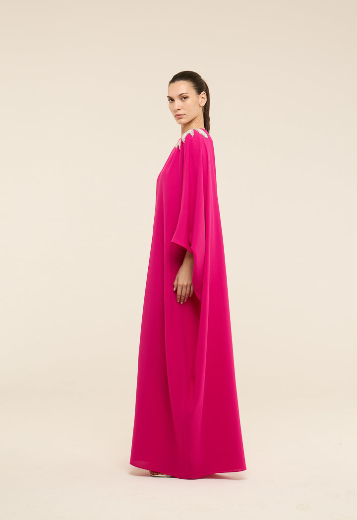 Riva Crystal Embellished Bow Kaftan Dress Fuchsia